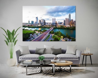 Austin Cityscape Photography Print – Texas Skyline Wall Art Modern Travel Poster, Downtown Architecture Decor, Riverfront Sunset Artwork