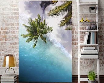 Tropical Beach Wall Art – Ocean Waves & Palm Trees Photography Print Coastal Paradise Poster, Summer Vacation Home Decor
