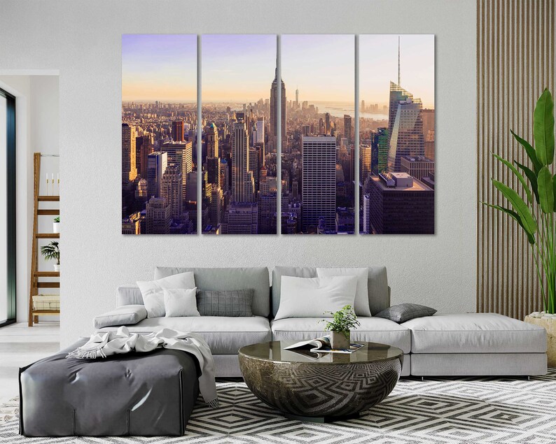 May include: A panoramic view of the New York City skyline at sunset, featuring tall skyscrapers and buildings. The image is split into three sections, creating a multi-panel effect.