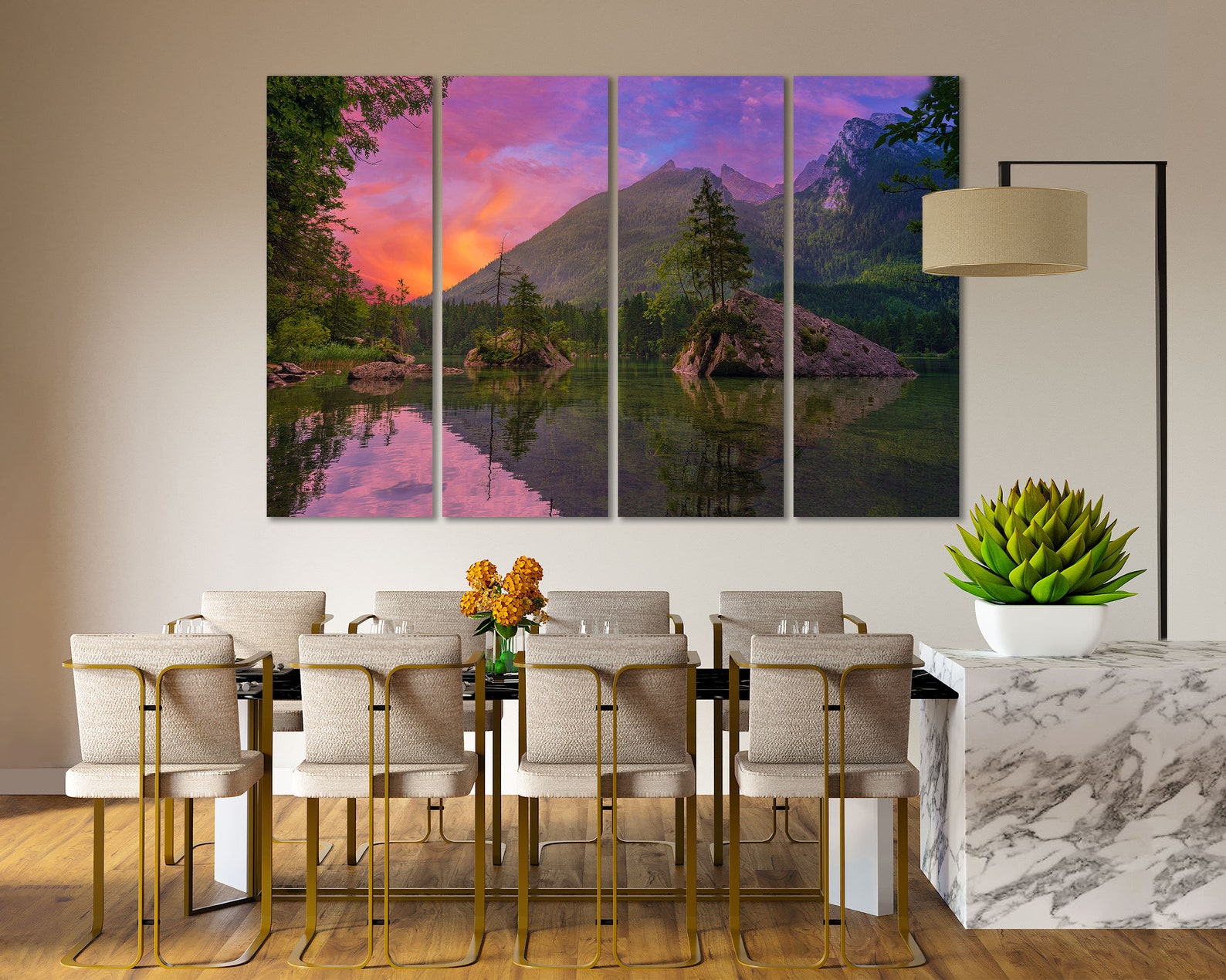 Green Trees Near Lake and Mountain Canvas Art Print, Colorful Landscape ...