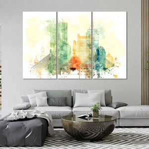 Boston Watercolor Canvas Prints Wall Art Boston Skyline Canvas Living Room Wall Decor Boston Bedrooms Large Canvas in Modern Style