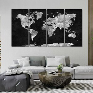 May include: A black and white world map print with a distressed, textured look. The map is divided into four panels, each showing a different part of the world. The map is printed on a canvas and would look great in a modern home.