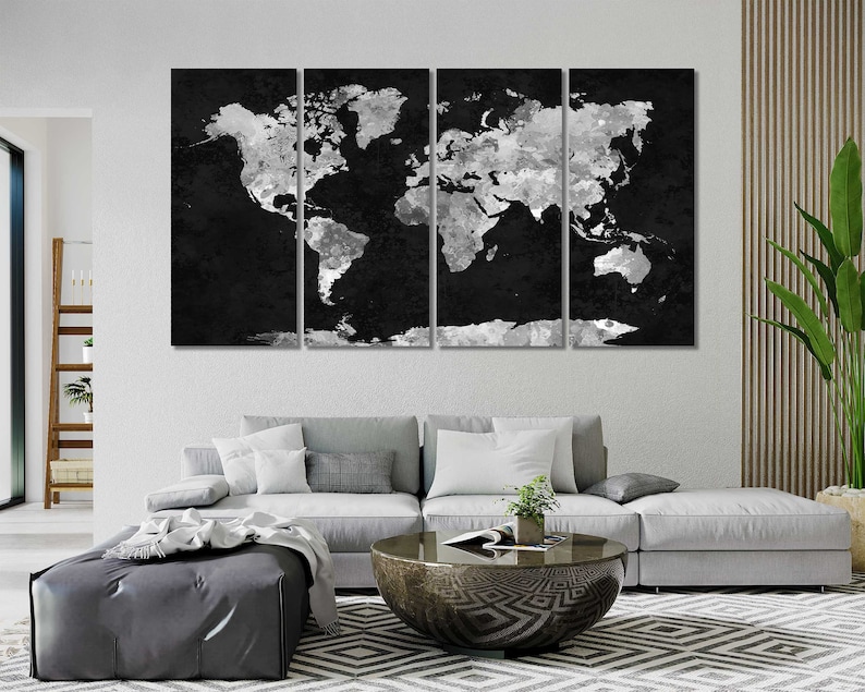 May include: A black and white world map print with a distressed, textured look. The map is divided into four panels, each showing a different part of the world. The map is printed on a canvas and would look great in a modern home.