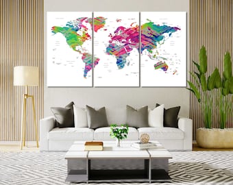 Colorful Push Pins World Map on Canvas, World Map decor wall, Mar of World wall art, World Map Gallery Wrapped art, World Map print canvas