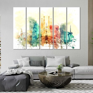 May include: A watercolor painting of the Barcelona skyline, featuring iconic landmarks like the Sagrada Familia and the Barceloneta beach. The painting is divided into five panels, each depicting a different part of the city. The colors are vibrant and the style is impressionistic.