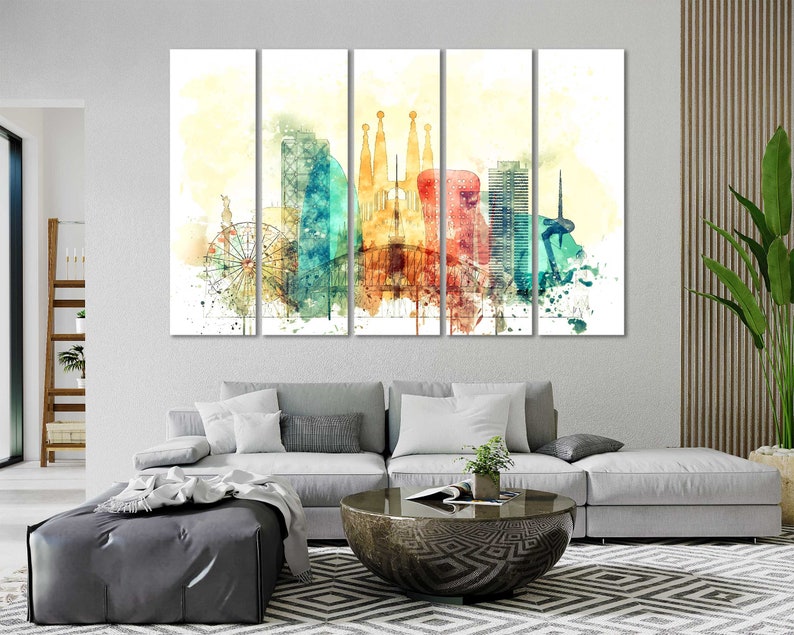 May include: A watercolor painting of the Barcelona skyline, featuring iconic landmarks like the Sagrada Familia and the Barceloneta beach. The painting is divided into five panels, each depicting a different part of the city. The colors are vibrant and the style is impressionistic.