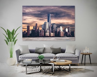 Canvas kunstwerk met de skyline van New York City, wanddecoratie met zonsondergang in Manhattan