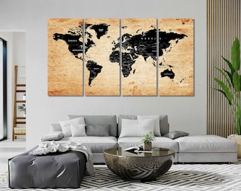 Travel Map of World decor for interior, World Map print canvas, Travel art for gift, World Map housewarming gift, World Map in vintage style