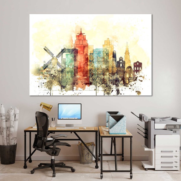 Impresiones en lienzo de acuarela de Ámsterdam, arte de pared, lienzo del horizonte de Ámsterdam, decoración de pared para sala de estar, lienzo para dormitorios de Ámsterdam en estilo moderno