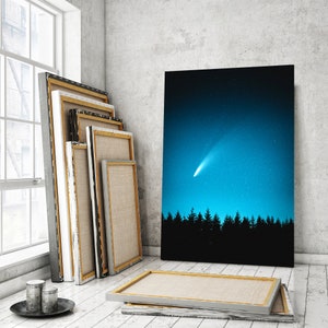 Komet über einer dunklen Wald-Wanddekor-Leinwand, Nachtwald-Originaldekor für den Innenraum, Nachthimmel-Gemälde auf Leinwand, Sternenhimmel-Kunstwerk