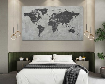 World Map Print – Black and Grey Wall Art Modern Travel Map Poster, Minimalist Home Décor, Large Global Artwork for Living Room or Office