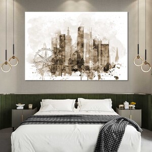 May include: A watercolor painting of a city skyline with a Ferris wheel in the foreground. The painting is in shades of brown and white and has a vintage feel.