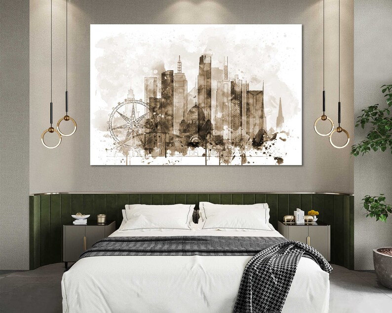 May include: A watercolor painting of a city skyline with a Ferris wheel in the foreground. The painting is in shades of brown and white and has a vintage feel.