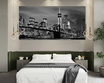 New York City Skyline Photography Print – Manhattan Night Wall Art | Brooklyn Bridge Poster, NYC Cityscape Panorama Artwork
