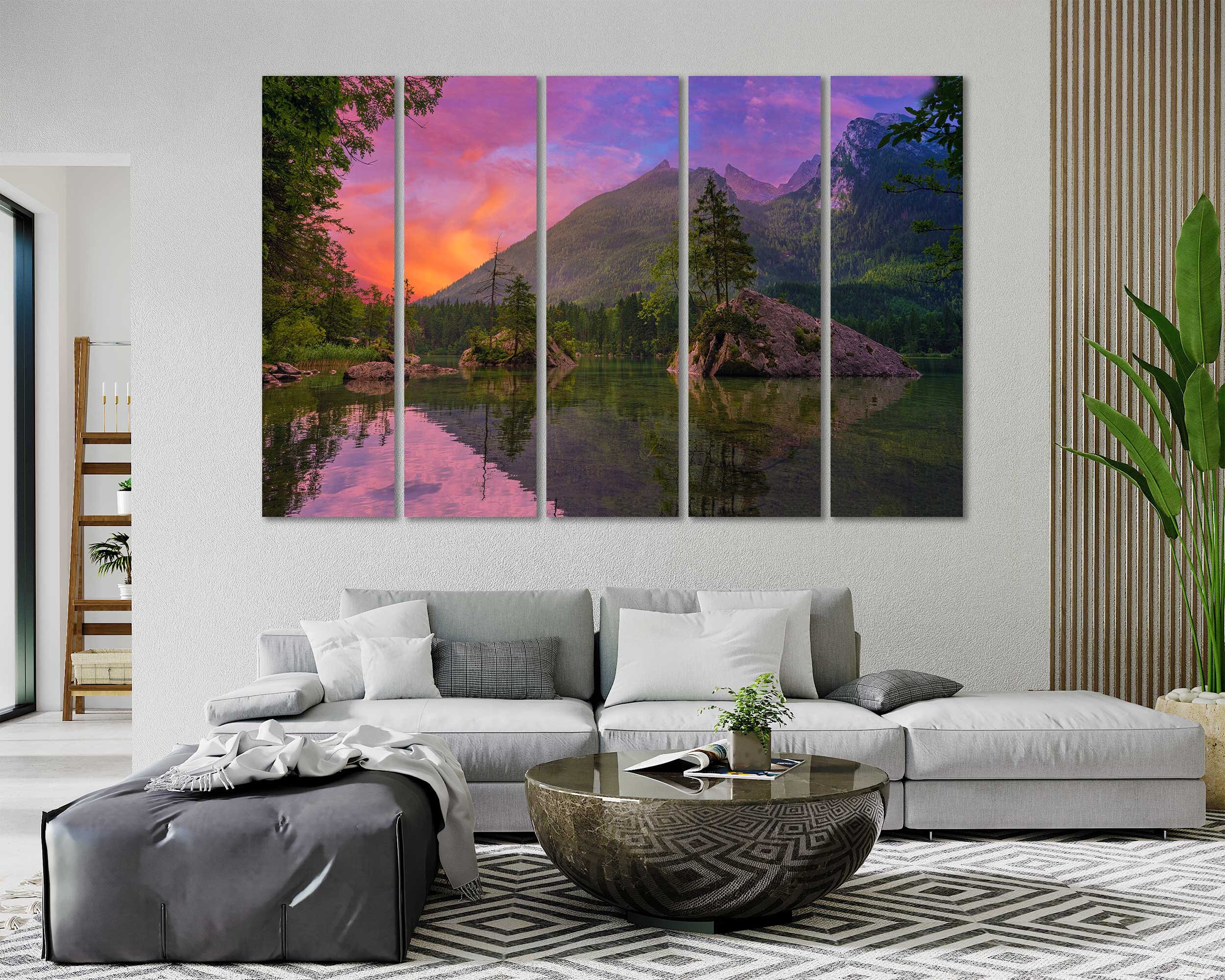 Green Trees Near Lake and Mountain Canvas Art Print, Colorful Landscape ...