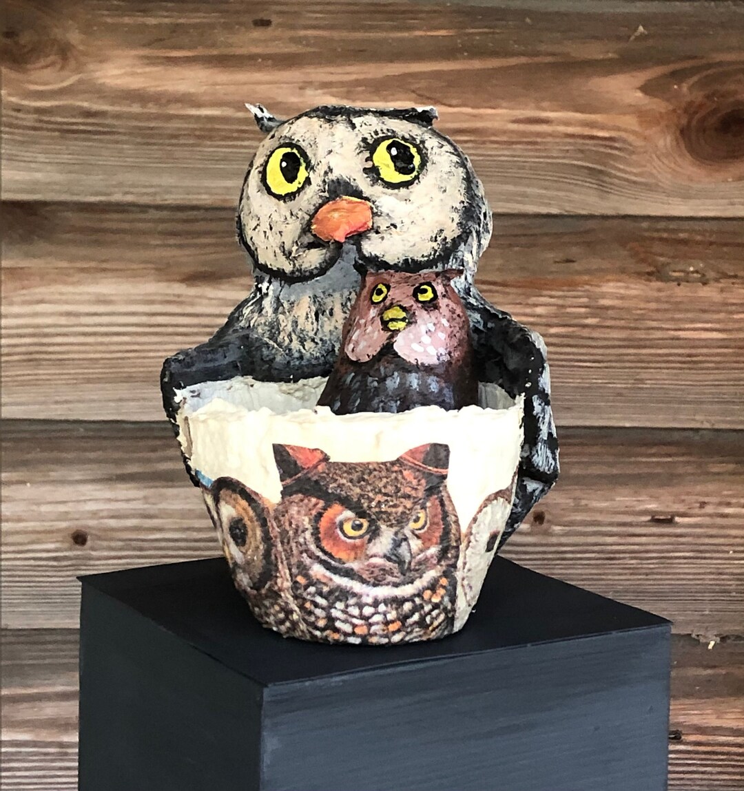 Paper Mache Owl Figurine With Baby Owl in Dish Folk Art Paper Etsy