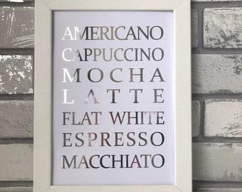 A4 A5 8x10 REAL Gold/Copper/Silver 'Americano Cappuccino..' Coffee Shop List Kitchen Cafe Restaurant Foil Print Poster Sign Home Decoration