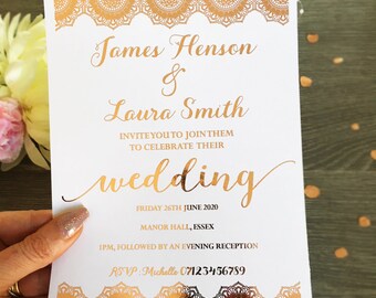 Luxury Gold, Rose Gold FOILED Personalised Mandala Wedding Invitations Day Evening Invites A5 Sample, Pack of 30, 50 or 100 Calligraphy