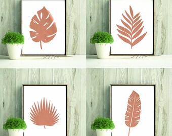 A4 Botanical Leaf Foil Prints Poster Sign REAL Rose Gold Copper Silver FOIL. Tropical Leaves. Home Decor Office Bedroom Living Room