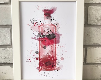 Pink Gin Bottle Watercolour Print Inspired by Gordon's. Gin Splash Art
