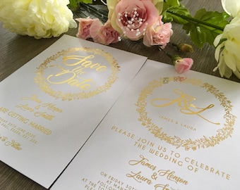 Personalised Luxury FOILED Floral Wreath Wedding Invitations Day Evening Invites Rose Gold Gold Silver A5. Pack of 6 30 50 / 100 Calligraphy