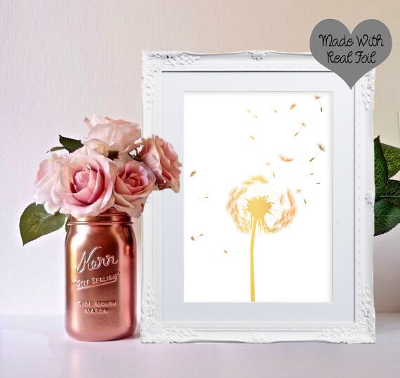 A4 A5 Real Gold Rosegold Silver Foil Print Dandlelion Blowball Wall Art Foiled Poster Sign Home Decoration Bedroom Living Room Office Nature