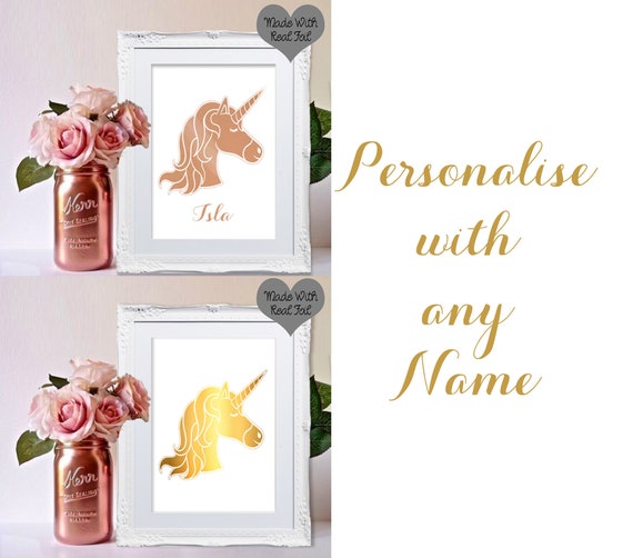 Personalised Unicorn Foil Print Real Gold Rose Gold Silver Foil Wall Art Poster Sign Girls Childrens Bedroom Nursery Home Decor A4 A5 8x10