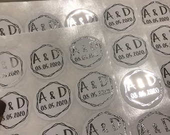 Personalized Foiled Wedding Favor Stickers: Geo Border, Custom Initials (37mm)