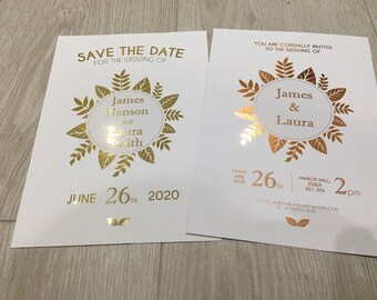 Personalised Foiled Botanical Leaf Wedding Invitations Save The Date Cards Gold, Copper Rose Gold Foil Custom Outdoors Wedding Stationery