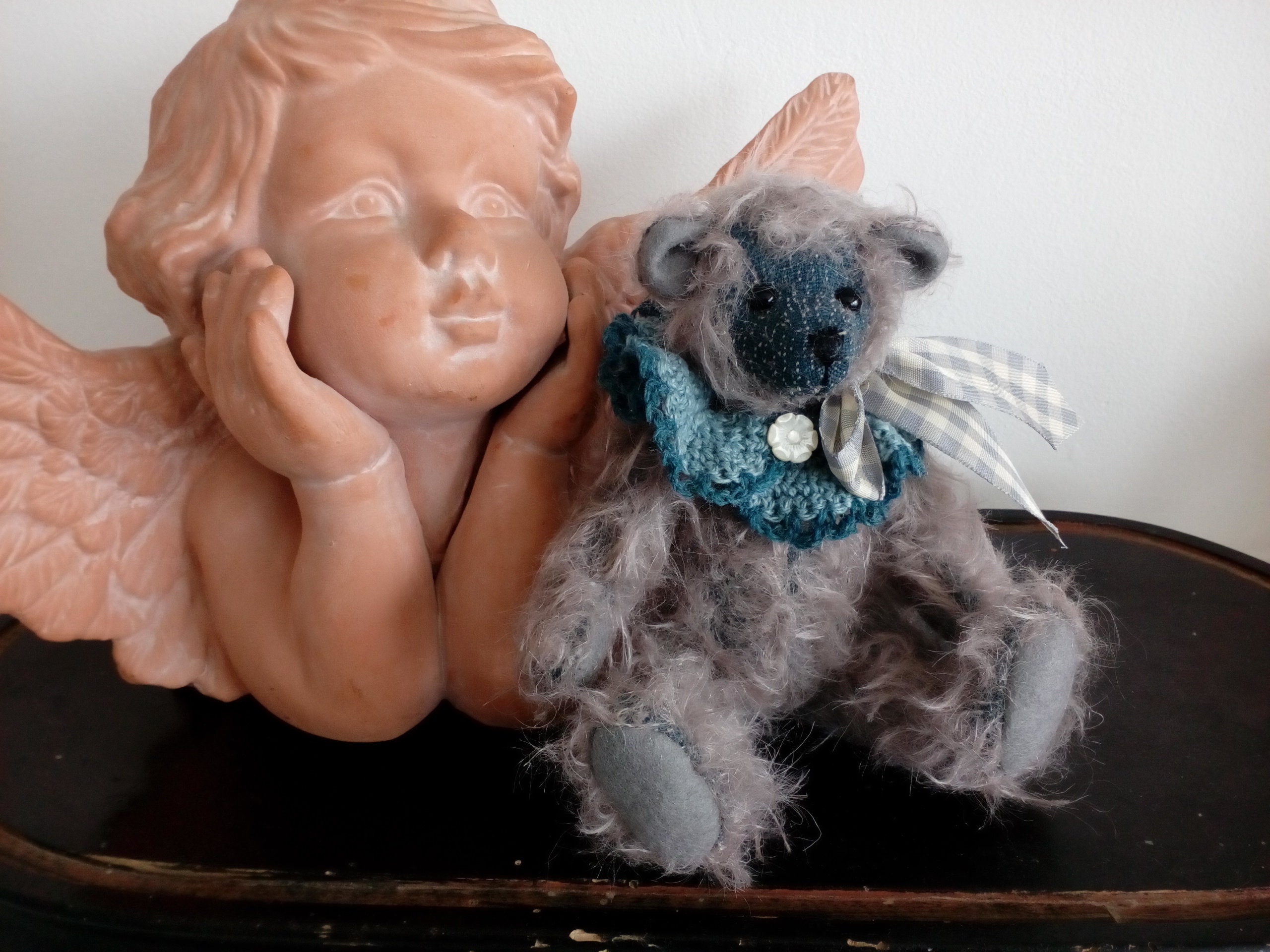 Ours en Peluche de Mohair, Fait Main, Décoration, Cadeau Saint Valentin