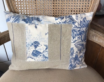 coussin déhoussable, chanvre et toile de Jouy