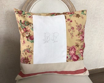 removable cushion cover, vintage monogram and fabric