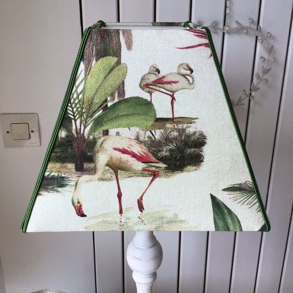 Square pyramid lampshade with pink flamingos