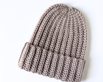 CROCHET PATTERN: easy crochet hat pattern, beginner crochet beanie pattern, knit look fold up brim hat - baby to adult sizes - PDF download