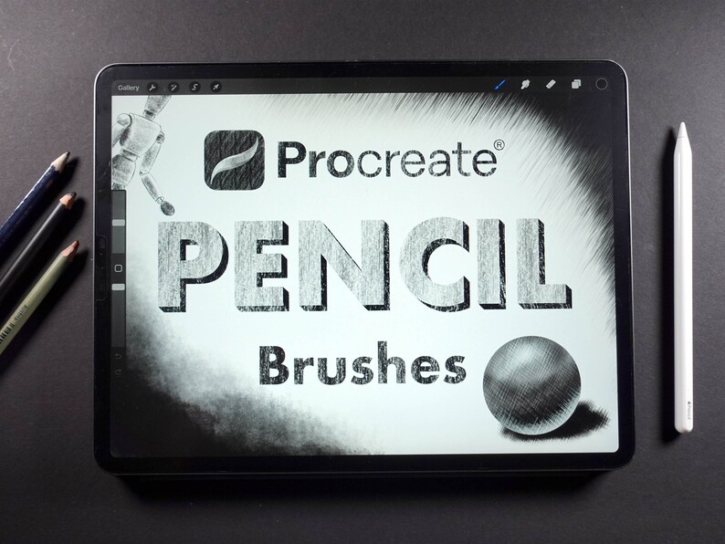 Pu&ograve; includere: Un disegno digitale sullo schermo di un tablet che mostra un'icona dell'app Procreate e il testo "Pencil Brushes". Il disegno &egrave; in bianco e nero e presenta una sfera 3D.