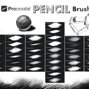 Pu&ograve; includere: Una collezione di pennelli a matita Procreate per l'arte digitale. L'immagine mostra una variet&agrave; di tratti di pennello, tra cui schizzi, tratteggio e tratteggio incrociato.