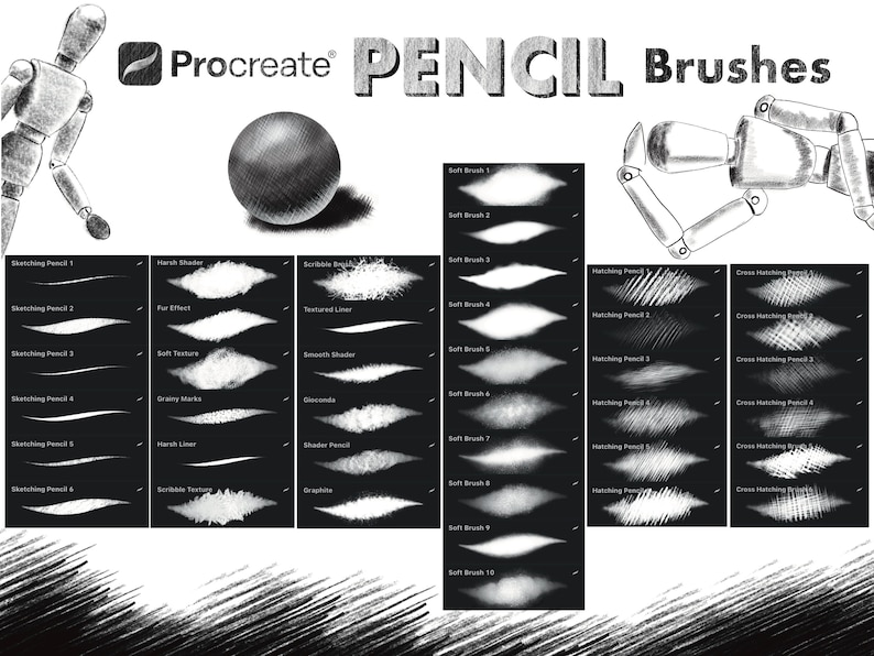 Pu&ograve; includere: Una collezione di pennelli a matita Procreate per l'arte digitale. L'immagine mostra una variet&agrave; di tratti di pennello, tra cui schizzi, tratteggio e tratteggio incrociato.