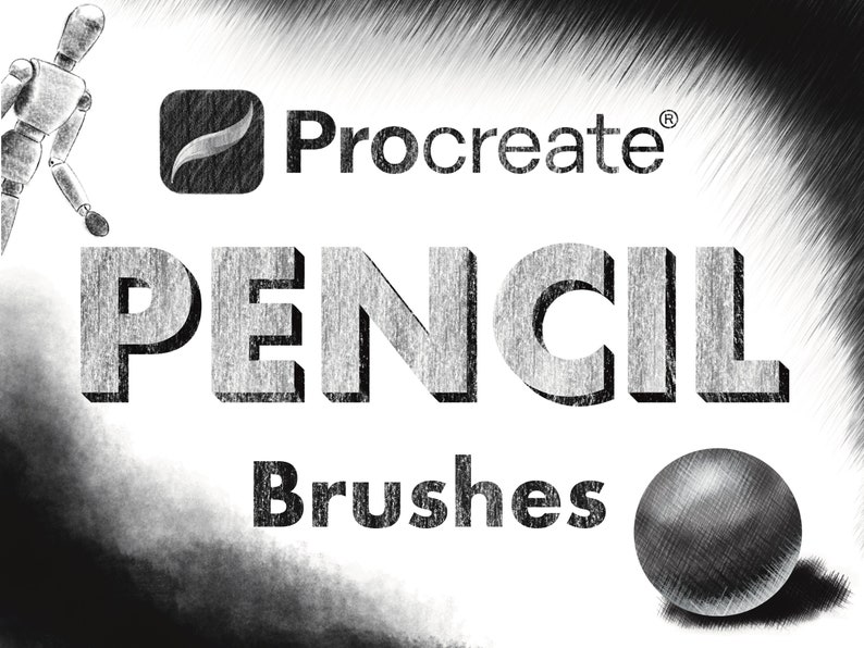 Pu&ograve; includere: Procreate Pencil Brushes, un'app di arte digitale per iPad, con un'immagine in bianco e nero di una matita e una sfera.