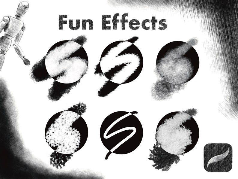 Pu&ograve; includere: Un'immagine in bianco e nero con il testo "Fun Effects" in alto. Ci sono sei cerchi con diversi motivi in bianco e nero al loro interno. I cerchi sono disposti in due file di tre.