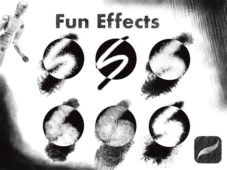 Pu&ograve; includere: Immagine in bianco e nero di sei diversi effetti di pennellate. L'immagine &egrave; intitolata "Fun Effects".