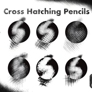 Pu&ograve; includere: Sei cerchi in bianco e nero con diversi motivi di tratteggio incrociato. I cerchi sono disposti su due file da tre. Il testo "Cross Hatching Pencils" &egrave; in alto nell'immagine.