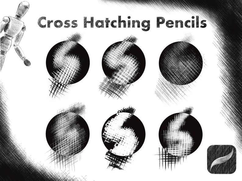 Pu&ograve; includere: Sei cerchi in bianco e nero con diversi motivi di tratteggio incrociato. I cerchi sono disposti su due file da tre. Il testo "Cross Hatching Pencils" &egrave; in alto nell'immagine.