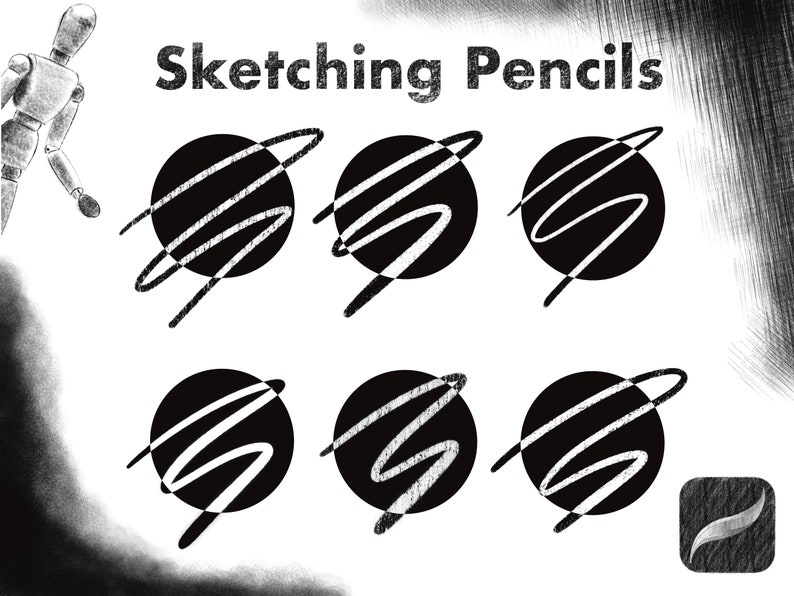 Pu&ograve; includere: Sei cerchi neri con linee bianche disegnate su di essi, che mostrano diversi tipi di linee che possono essere realizzate con matite da disegno. Il testo "Sketching Pencils" &egrave; nella parte superiore dell'immagine.