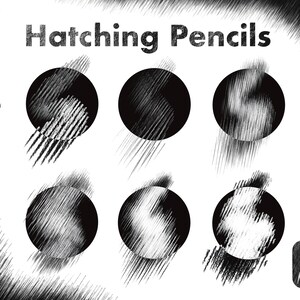 Pu&ograve; includere: Un'immagine in bianco e nero che mostra diverse tecniche di tratteggio con matite. L'immagine &egrave; intitolata "Hatching Pencils".