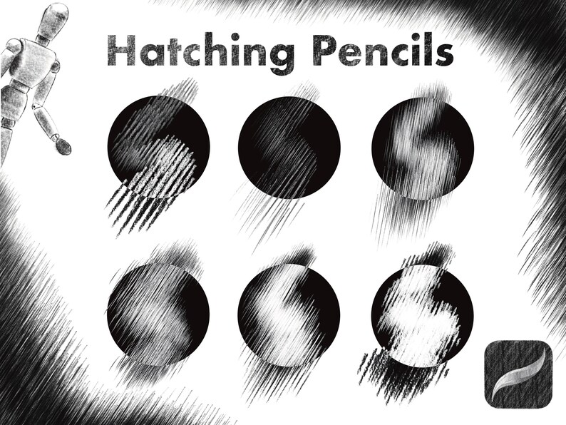 Pu&ograve; includere: Un'immagine in bianco e nero che mostra diverse tecniche di tratteggio con matite. L'immagine &egrave; intitolata "Hatching Pencils".