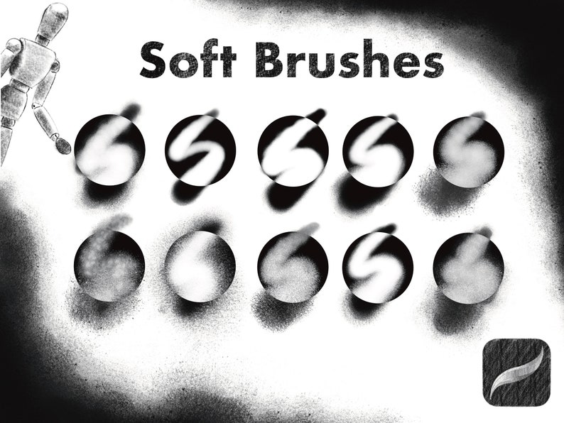 Pu&ograve; includere: Un set di dieci pennelli morbidi, mostrati come cerchi neri e bianchi con diverse trame e forme. Il testo "Soft Brushes" &egrave; nella parte superiore dell'immagine.