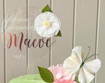 Personalised Floral Christening Cake Topper, Baptism Cake Decoration
