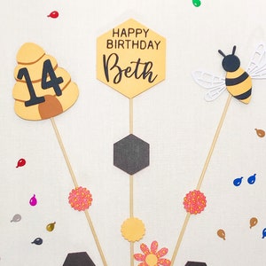 Bee Themed Cake Topper, Personalised Bumblebee, Beehive and Flowers Cake Topper, Black and Yellow Garden Party Decorations
