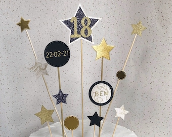 Personalized 18th Birthday Cake Topper, Gold Star Decorations