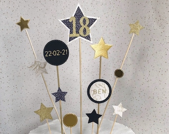 18th Birthday Cake Topper, Personalised Gold & Black Star Cake Topper, 20s Theme Birthday Party Decor, Cake Decorations